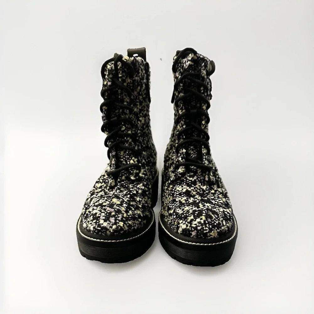 Tory Burch Miller Lug Sole Tweed & Leather Booties Women's Size 5.5